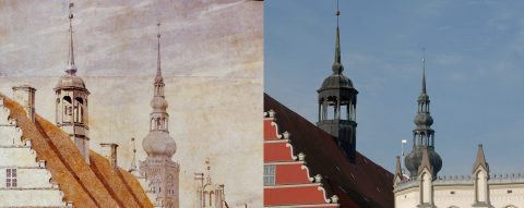 Der Marktplatz von Greifswald - vor 200 Jahren aus dem Pinsel von Caspar - und heute.