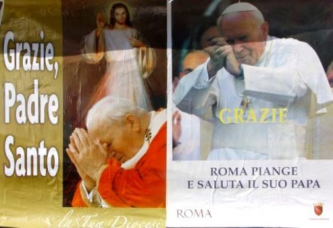 Grazie! Viele Institutionen bedanken sich per Plakat bei Johannes Paul den Zweiten: Rechts das Plakat der Stadt Rom - schlicht und schön...